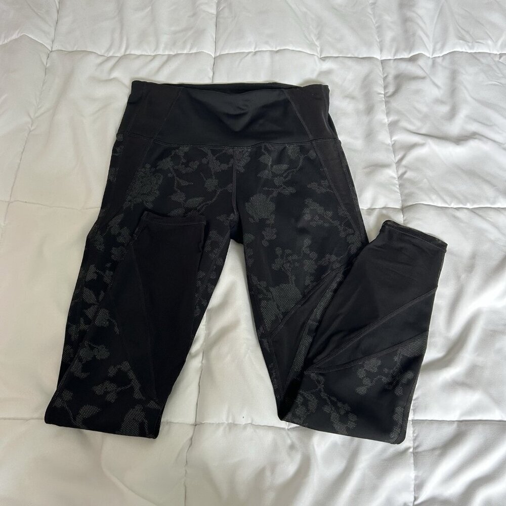 Athleta Leggings Pants Womens Small Black Gray Floral Acitvewear Stretch Yoga‎